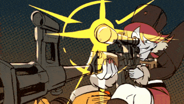 a cartoon drawing of a woman holding a gun and aiming it