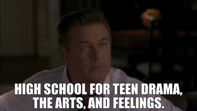 a man in a suit and tie is saying high school for teen drama , the arts , and feelings .