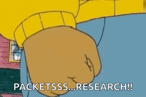 a cartoon character is giving a fist bump and the words `` packetsss ... research ! ''