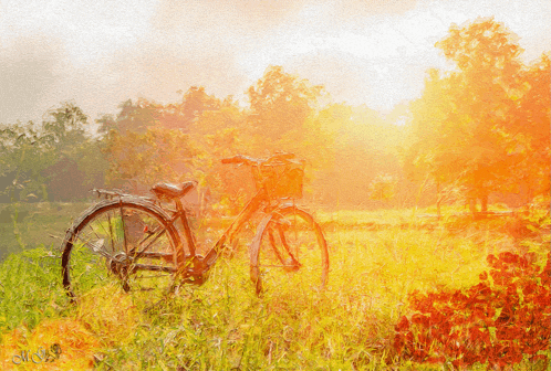 a painting of a bicycle in a field with a watermark that says ' s.w. ' on the bottom