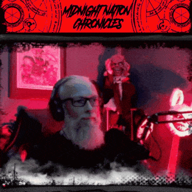 a poster for midnight nation chronicles features a man with a beard and headphones