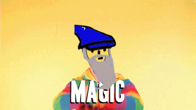 a man with a beard is holding a rainbow and the word magic is on the shirt