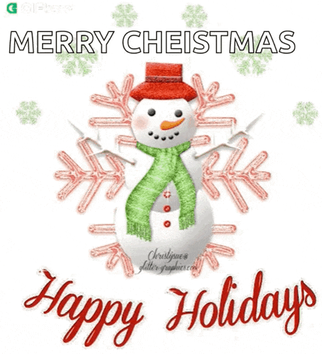 a merry christmas and happy holidays card with a snowman and snowflakes