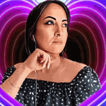 a woman wearing earbuds is standing in front of a heart