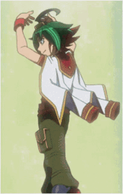 a boy with green hair and goggles on his head
