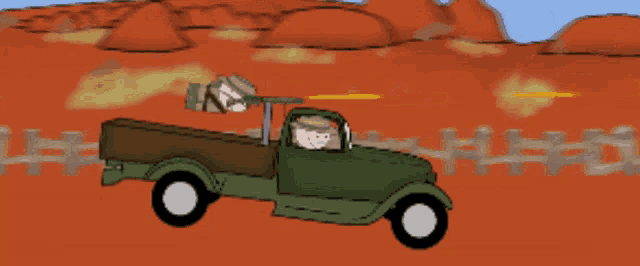 a cartoon drawing of a truck with a man in the back