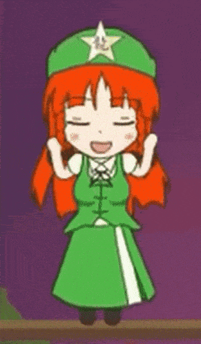 a cartoon of a girl with red hair and a green hat that says ja oooo