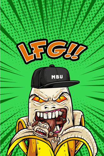 a cartoon illustration of a banana with a monkey in its mouth and the words lfg written above it