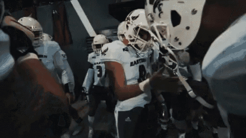 a group of football players are huddled together with one wearing number 3