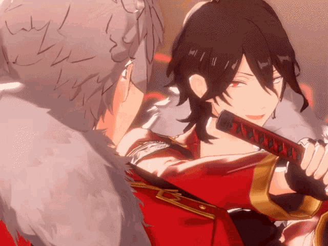 a man in a red coat is holding a sword in his right hand