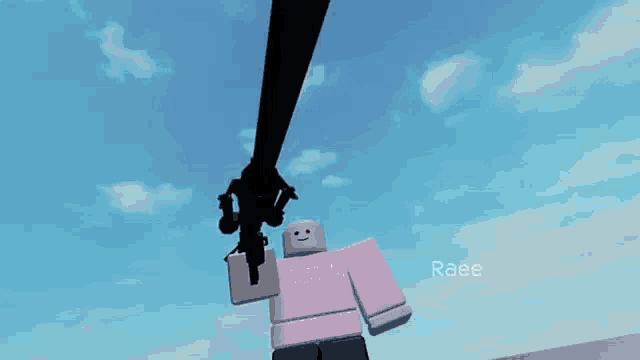 a roblox character is holding a gun in a video game and flying through the air .