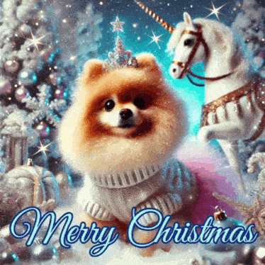 a merry christmas card with a pomeranian wearing a sweater and a crown