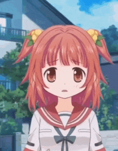 a girl with red hair and a bow on her head is standing in front of a house .