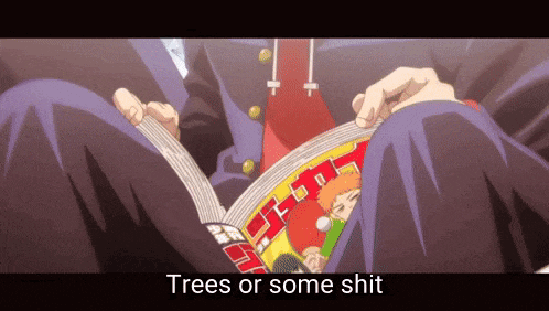a cartoon of a person reading a book with the words trees or some shit below them