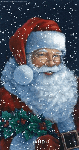 a painting of santa claus in the snow with the words " and " below him