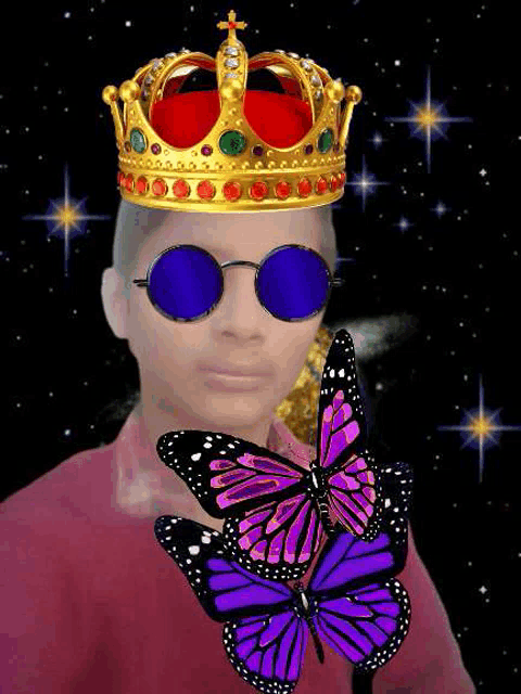 a man wearing a crown , sunglasses , and a purple butterfly .