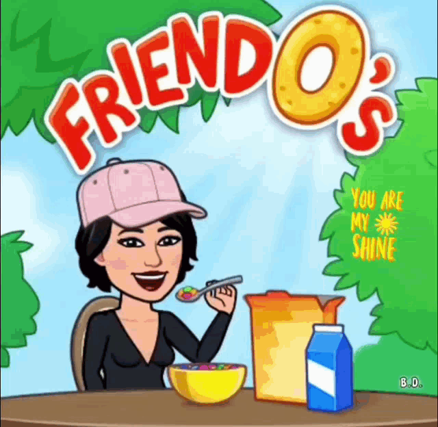 a cartoon of a woman sitting at a table eating cereal with friends 's written on the top
