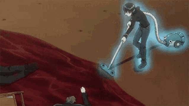 a man is using a vacuum cleaner to clean a carpet .