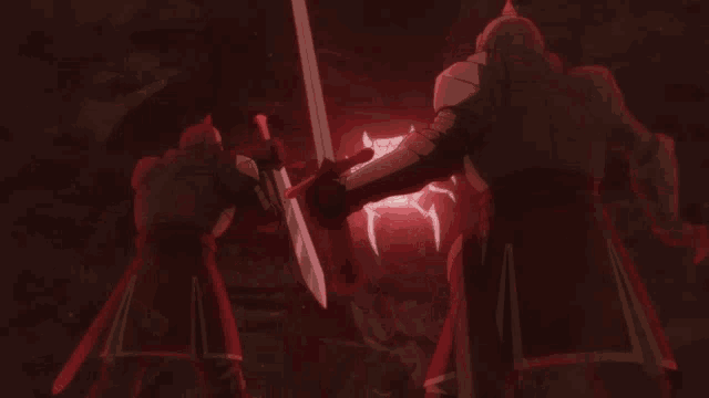 a group of soldiers are holding swords and a glowing object in their hands