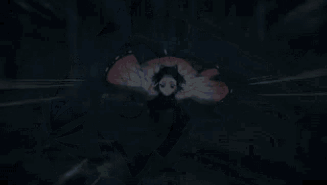 a close up of a person 's face in a dark room with a purple haired anime character .