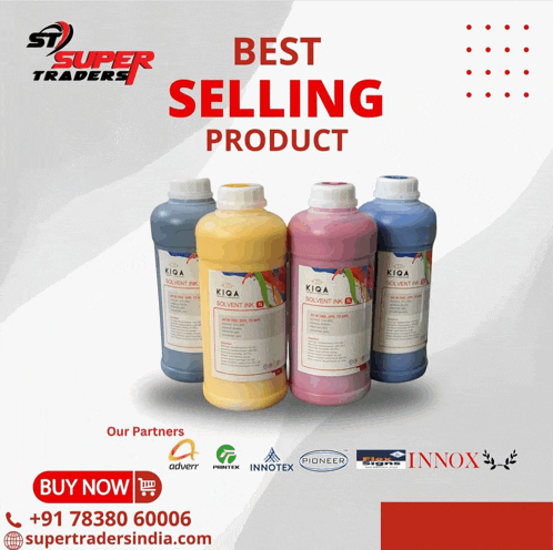 four bottles of kiga solvent ink are displayed on a super traders ad