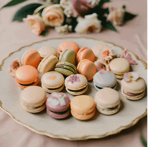 a plate of macaroons with flowers on them sits on a table