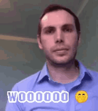 a man in a blue shirt is making a funny face with the words w000000 written below him