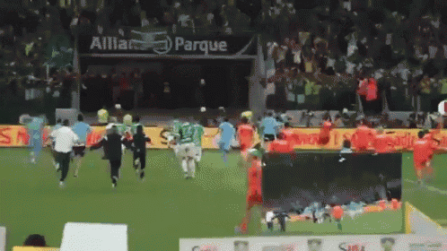 a group of people running on a soccer field with a banner that says allianz parque in the background
