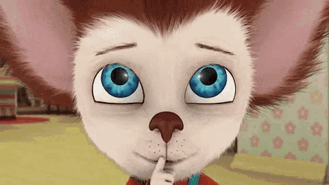 a close up of a cartoon character with big blue eyes