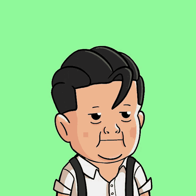 a cartoon of a man wearing suspenders and a white shirt with a sad look on his face