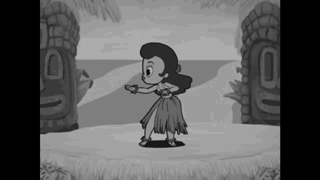 a black and white cartoon shows a girl in a hula skirt