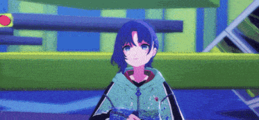 a girl with blue hair is standing in front of a green building