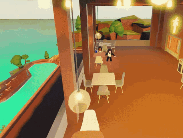 a computer generated image of a room with a table and chairs and a cartoon character