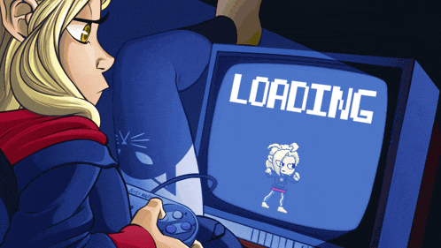 a cartoon of a girl playing a video game with loading on the screen