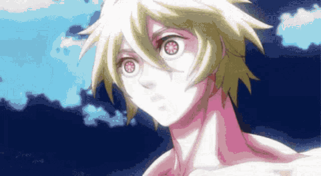a close up of a anime character with yellow hair and red eyes