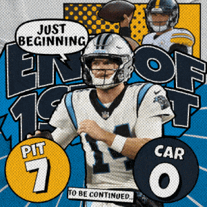 carolina panthers quarterback cam newton throws a football in front of a sign that says " just beginning "