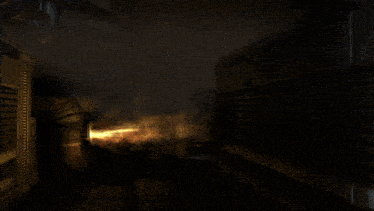 a computer generated image of a dark room with a barrel on fire