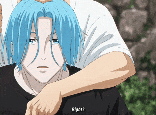 a man with blue hair is being hugged by another man and says " right "