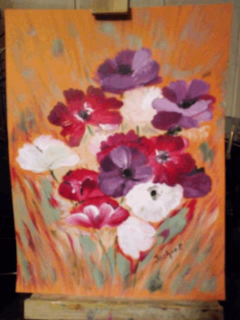 a painting of red purple and white flowers on an orange background with the artist 's name on the bottom right