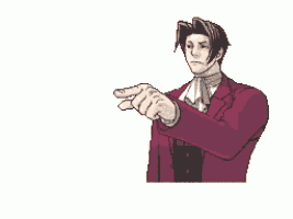 a pixel art of a man in a red suit pointing his finger