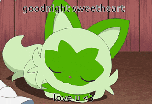 a green and white cartoon cat with the words goodnight sweetheart love u < 3