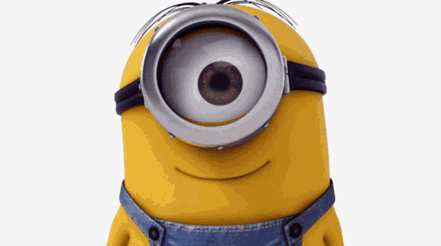 a yellow minion wearing overalls and glasses with one eye