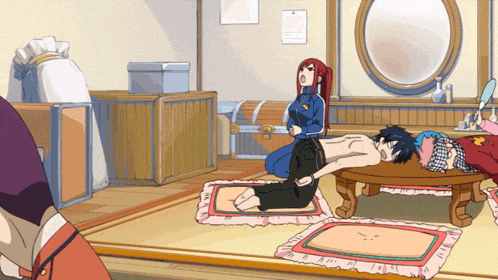 a cartoon drawing of a woman kneeling down next to a man laying on a table