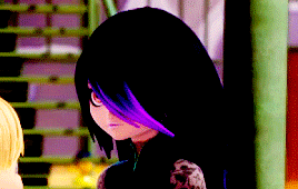 a cartoon character with black hair and purple streaks .