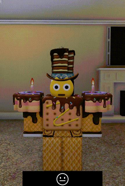 a cartoon character is wearing a top hat and holding a cake with candles on it