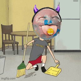 a cartoon of a man holding a broom and a shovel with a devil 's head on his head