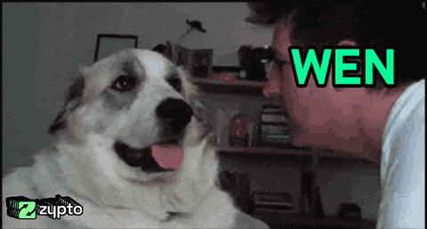a man and a dog are looking at each other and the word wen is on the bottom