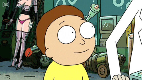 a cartoon character named morty from rick and morty is standing in front of a robot