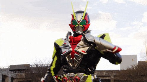 a man in a superhero costume is standing in front of a cloudy sky