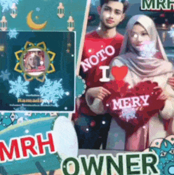 a man and a woman are posing for a picture and the man is wearing a shirt that says noto i mery